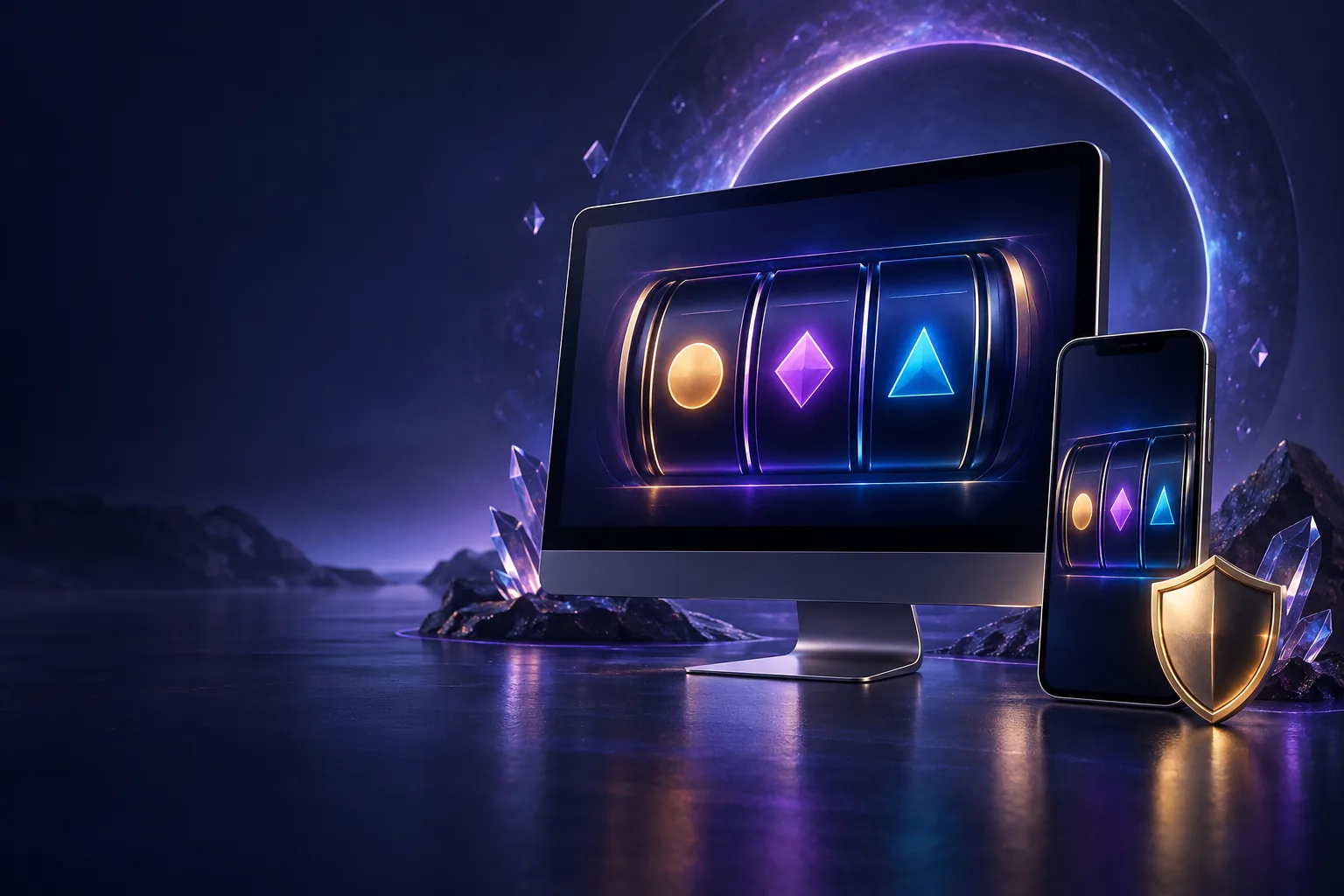 Abstrakte Slot-Walzen auf Desktop und Smartphone mit Schutzschild
